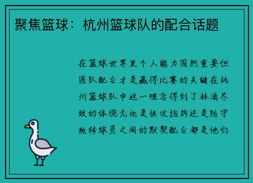 聚焦篮球：杭州篮球队的配合话题