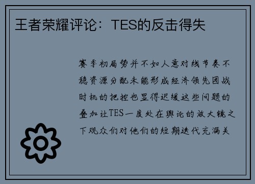 王者荣耀评论：TES的反击得失