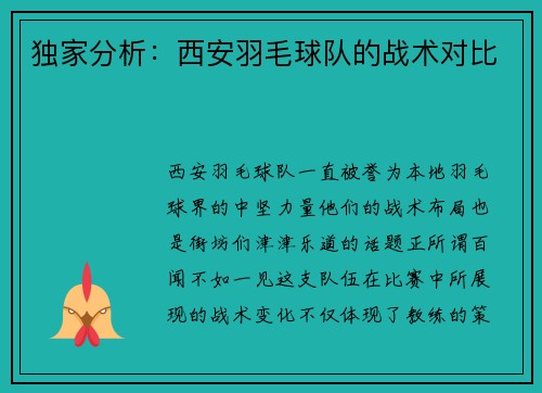 独家分析：西安羽毛球队的战术对比